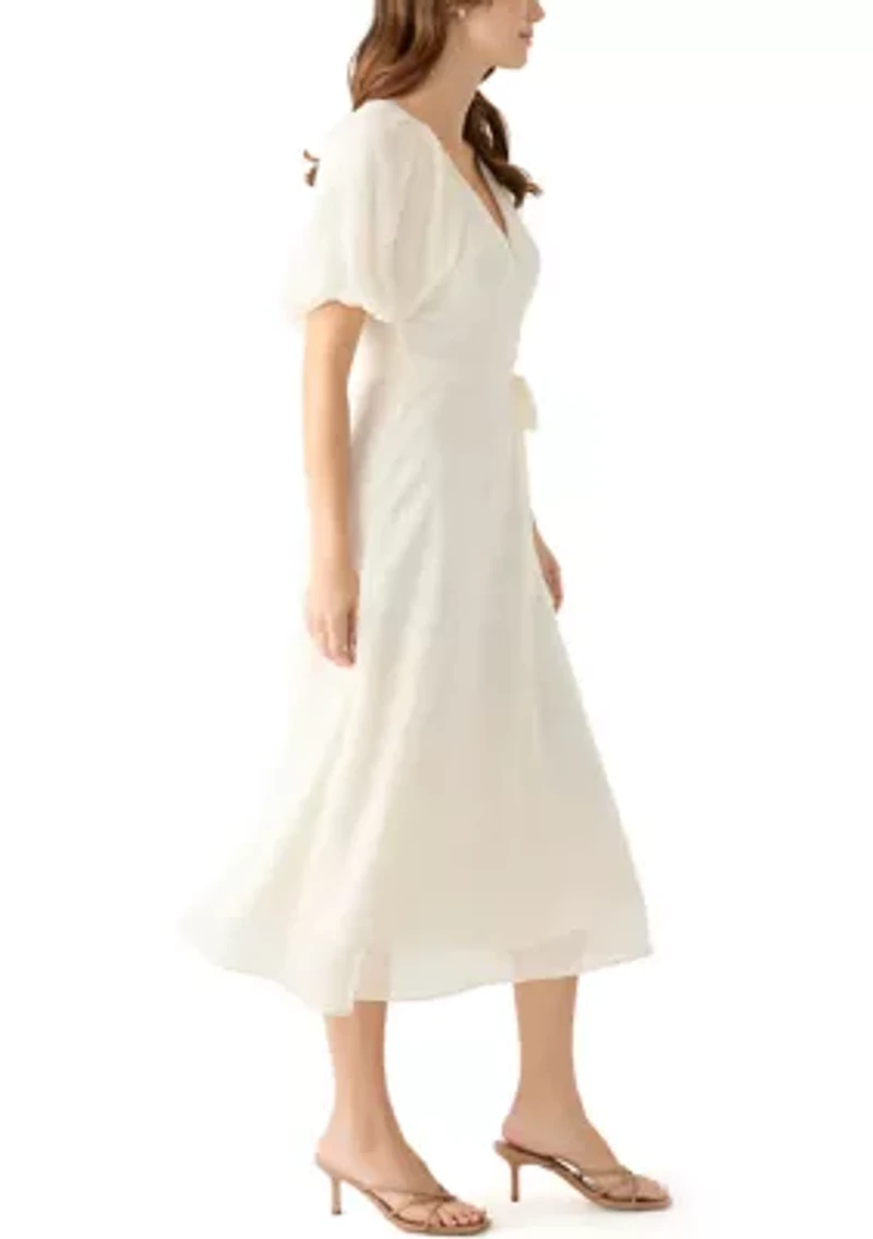 Women's Elbow Puff Sleeve V-Neck Dot Print Fit and Flare Dress