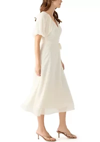 Women's Elbow Puff Sleeve V-Neck Dot Print Fit and Flare Dress