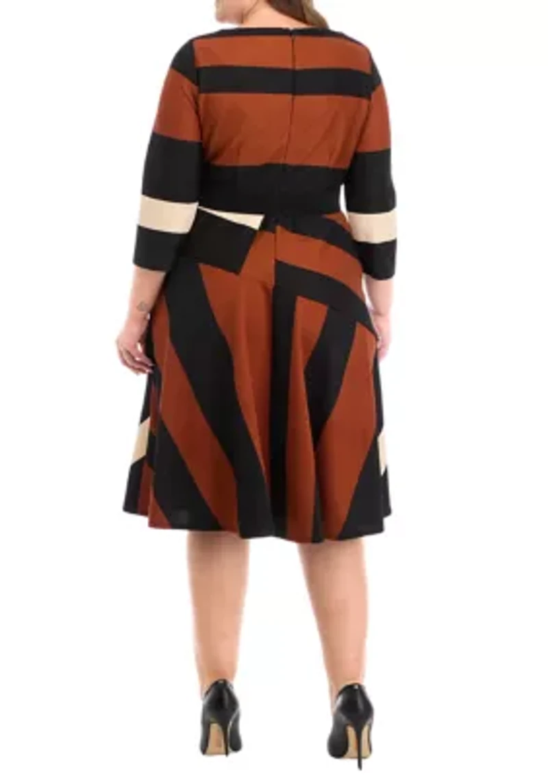 Plus 3/4 Sleeve Printed Belted Fit and Flare Dress