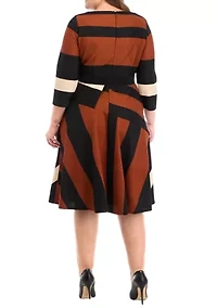 Plus 3/4 Sleeve Printed Belted Fit and Flare Dress