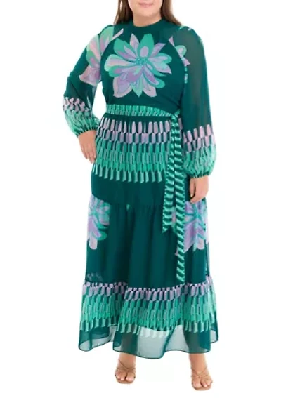 Plus Long Sleeve Mock Neck Tie Waist Printed Maxi Dress