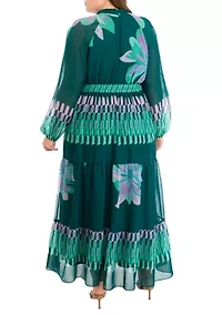 Plus Long Sleeve Mock Neck Tie Waist Printed Maxi Dress