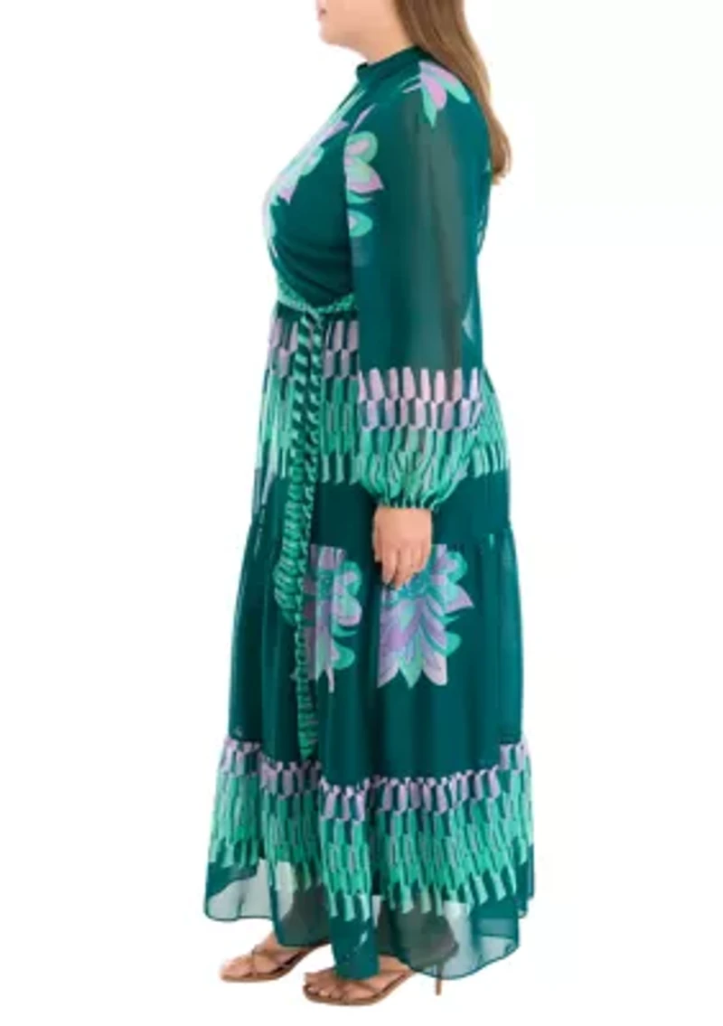 Plus Long Sleeve Mock Neck Tie Waist Printed Maxi Dress