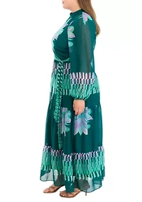 Plus Long Sleeve Mock Neck Tie Waist Printed Maxi Dress