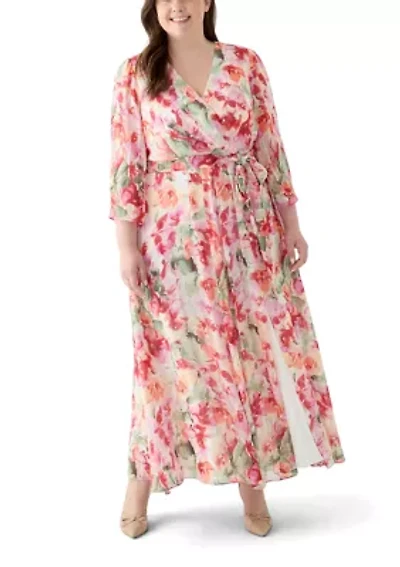 Plus Long Sleeve Printed Chiffon Dress