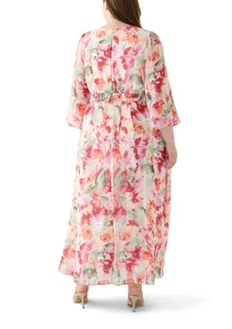 Plus Long Sleeve Printed Chiffon Dress