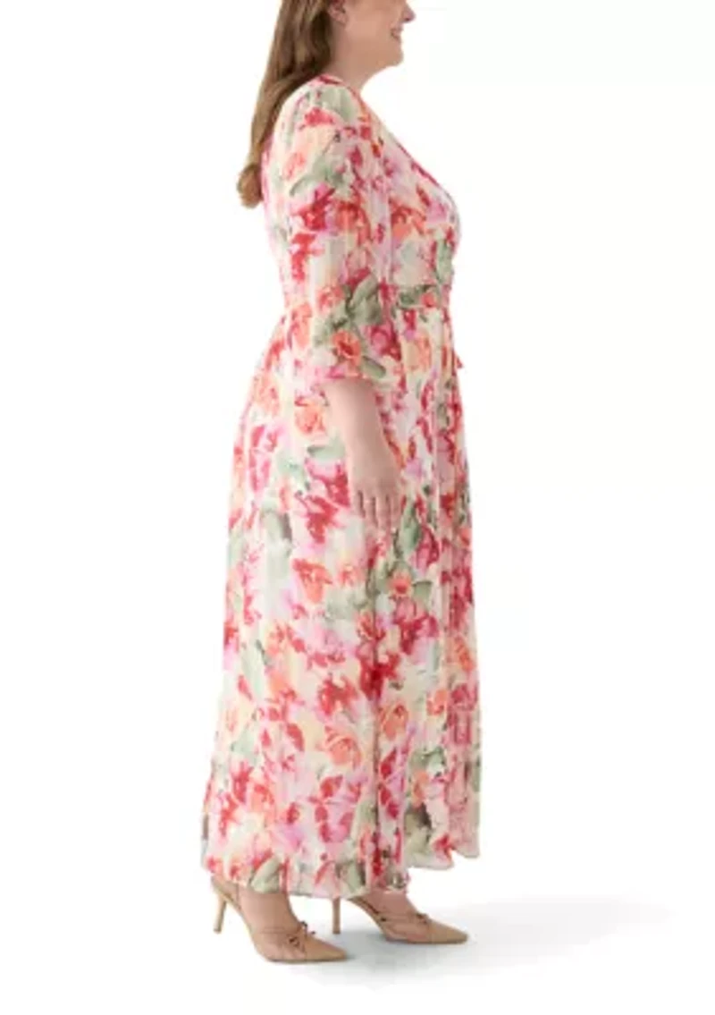 Plus Long Sleeve Printed Chiffon Dress