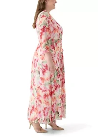 Plus Long Sleeve Printed Chiffon Dress