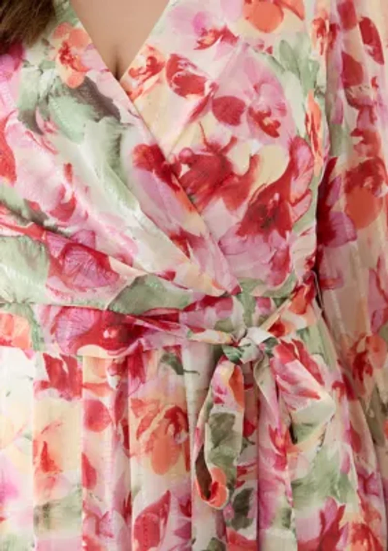 Plus Long Sleeve Printed Chiffon Dress