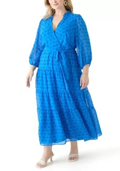 Plus Solid V-Neck Tie Waist Dress