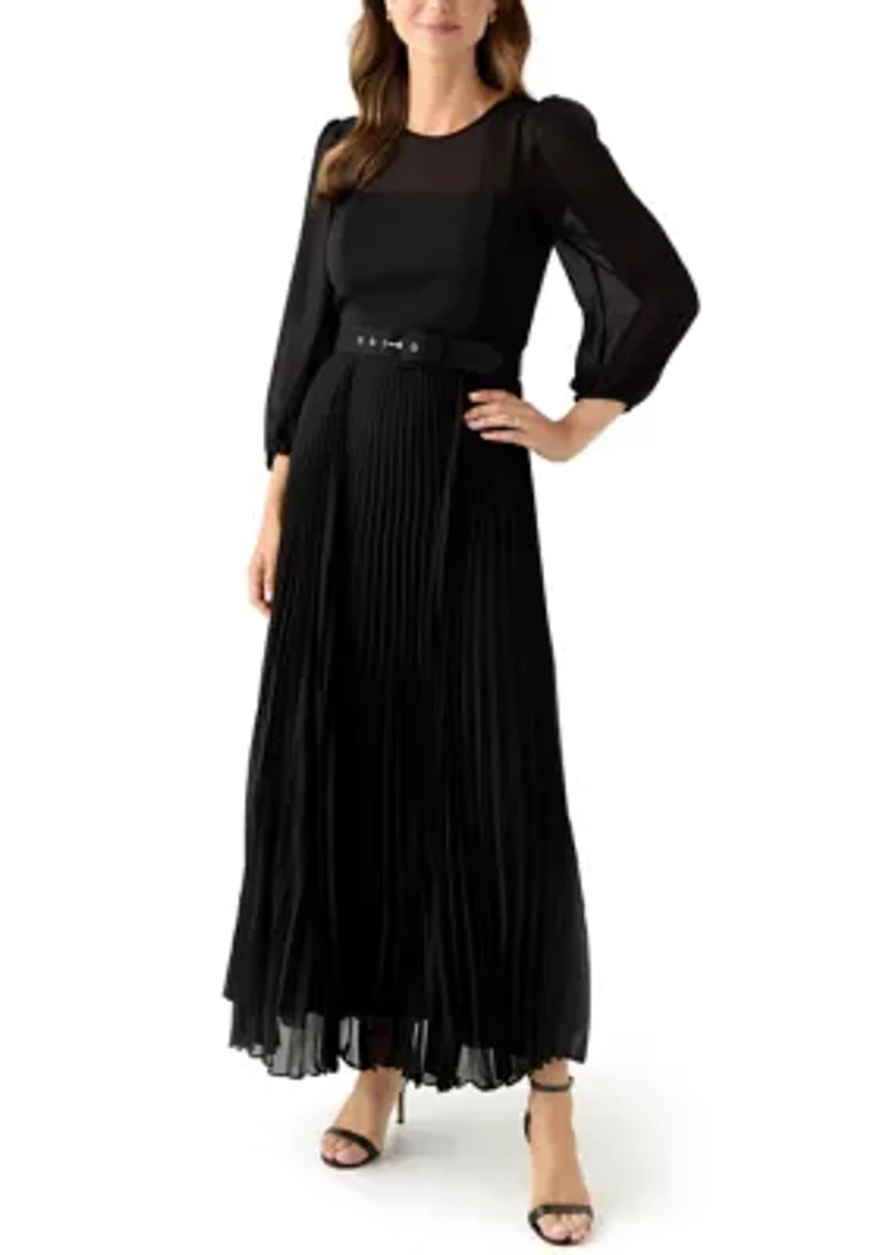 Women's Long Sleeve Belted Chiffon Gown