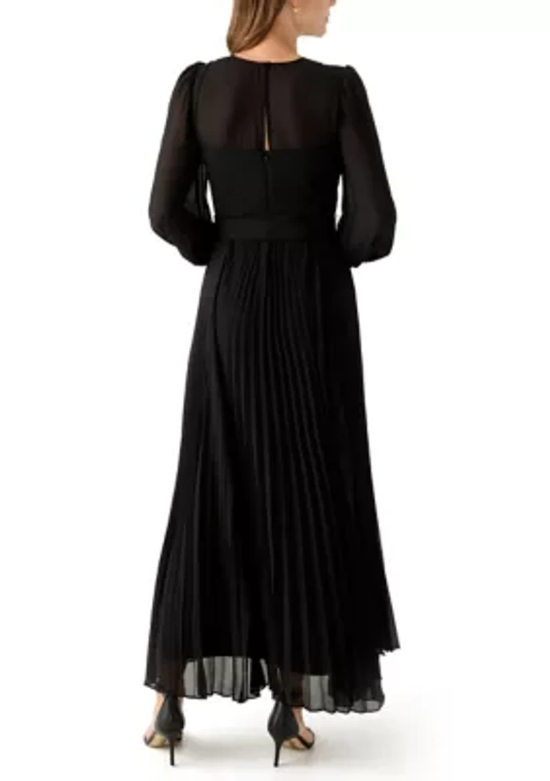 Women's Long Sleeve Belted Chiffon Gown