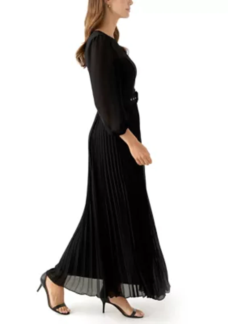 Women's Long Sleeve Belted Chiffon Gown