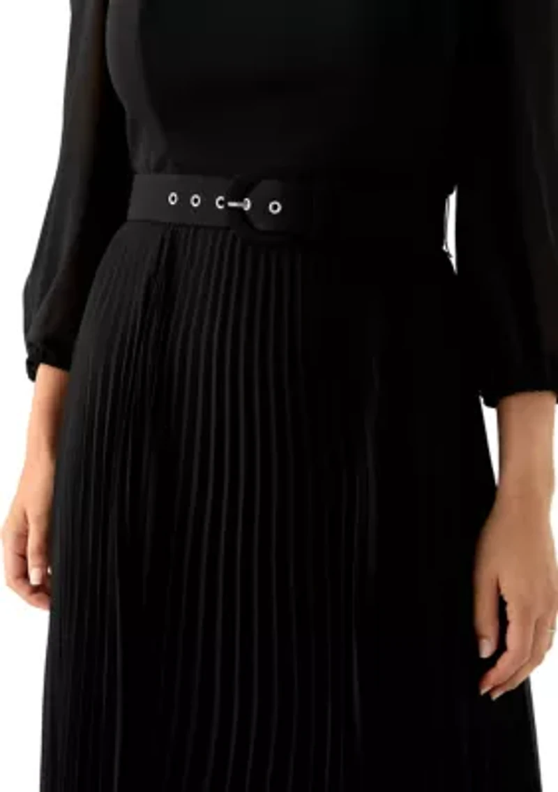 Women's Long Sleeve Belted Chiffon Gown