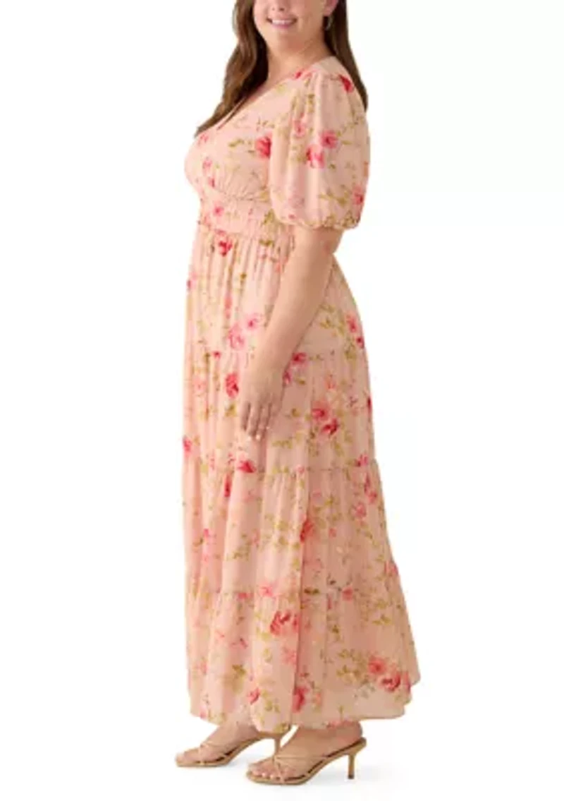 Plus Short Sleeve Printed Chiffon A-Line Dress
