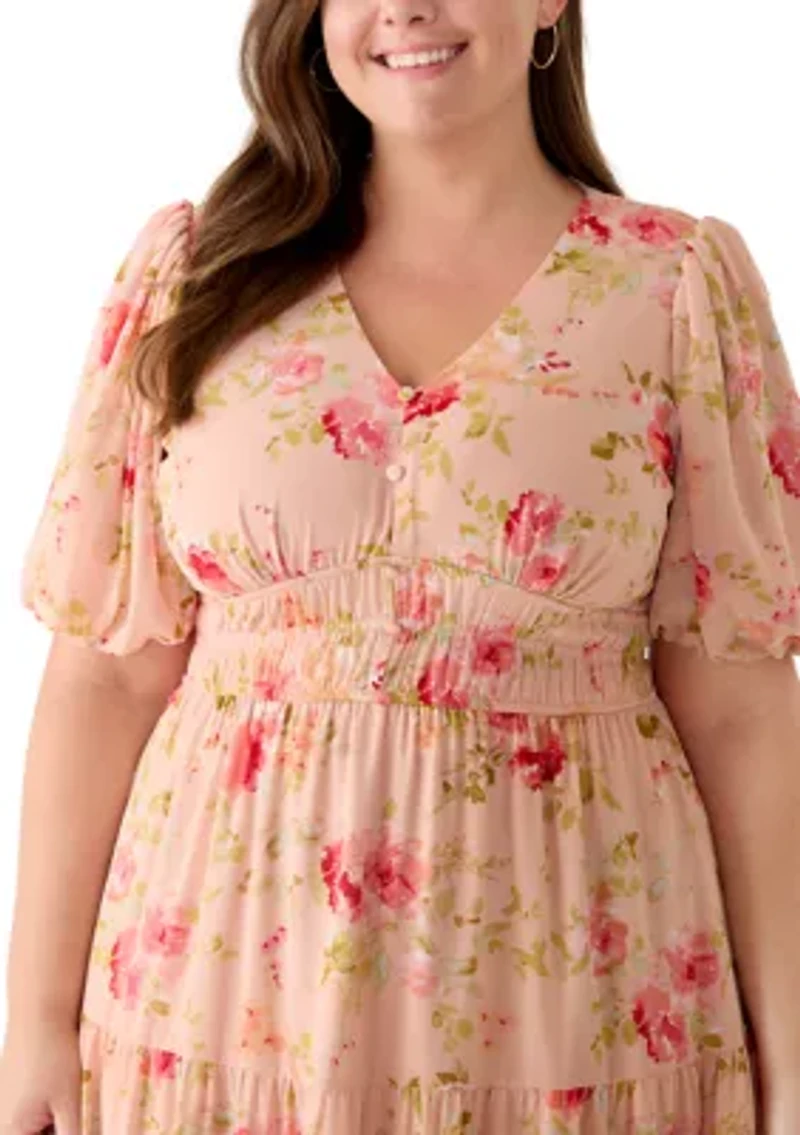 Plus Short Sleeve Printed Chiffon A-Line Dress