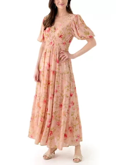 Women's Puff Sleeve Ditsy Floral Maxi Dress