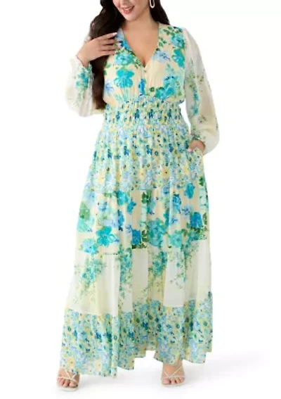 Plus Long Sleeve Chiffon Floral Maxi Dress