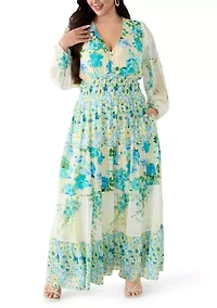 Plus Long Sleeve Chiffon Floral Maxi Dress