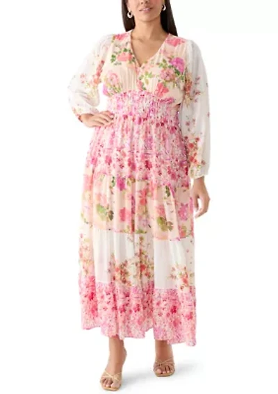 Plus Long Sleeve Chiffon Floral Maxi Dress