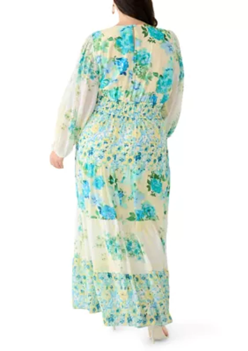 Plus Long Sleeve Chiffon Floral Maxi Dress