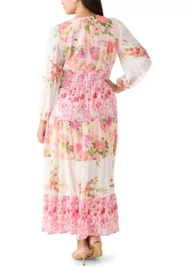 Plus Long Sleeve Chiffon Floral Maxi Dress