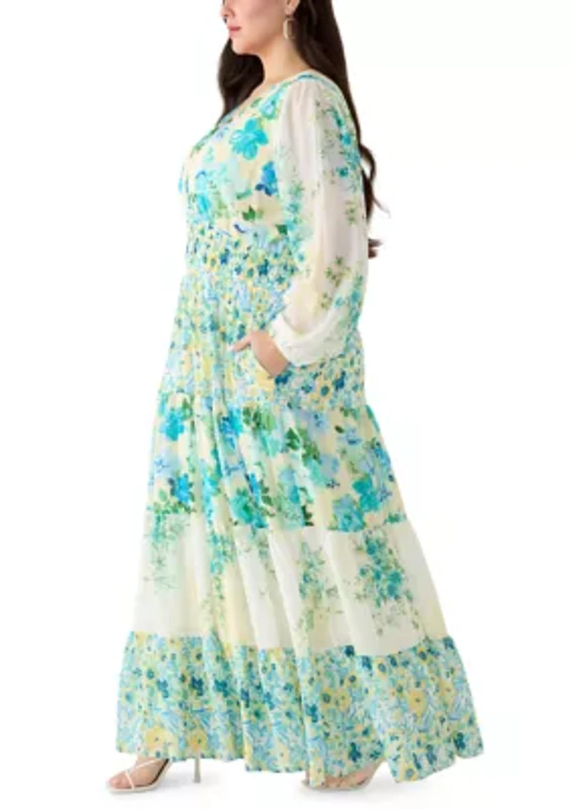 Plus Long Sleeve Chiffon Floral Maxi Dress