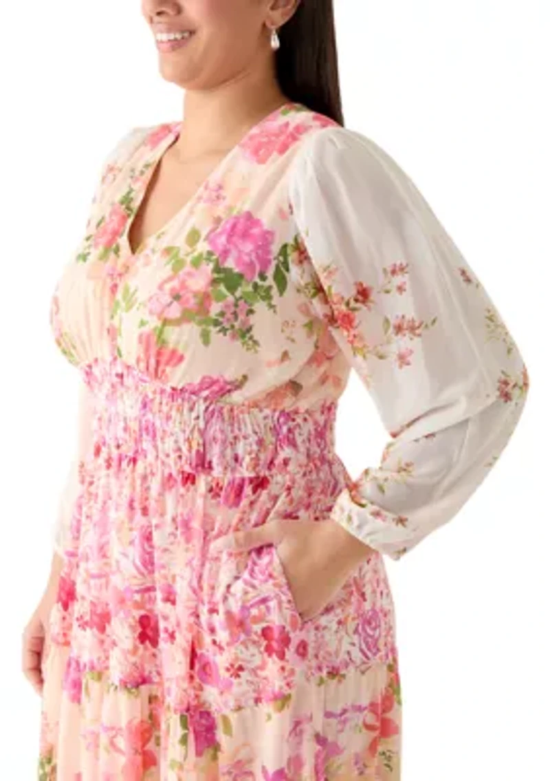 Plus Long Sleeve Chiffon Floral Maxi Dress