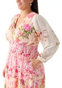 Plus Long Sleeve Chiffon Floral Maxi Dress
