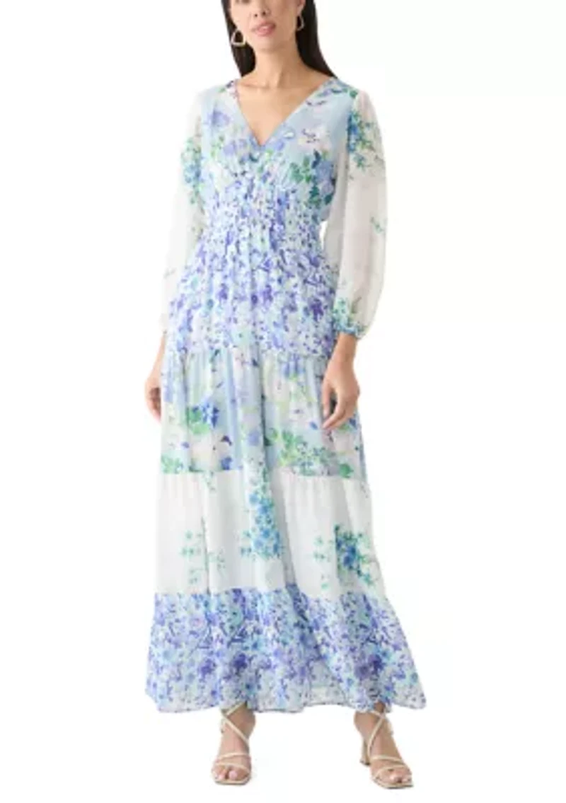 Women's Long Sleeve V-Neck Floral Print Chiffon Dress