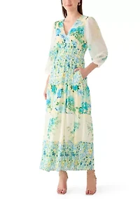 Women's Long Sleeve V-Neck Floral Print Chiffon Dress