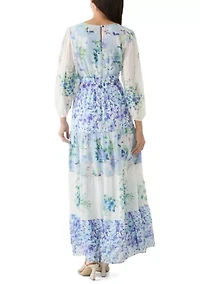 Women's Long Sleeve V-Neck Floral Print Chiffon Dress