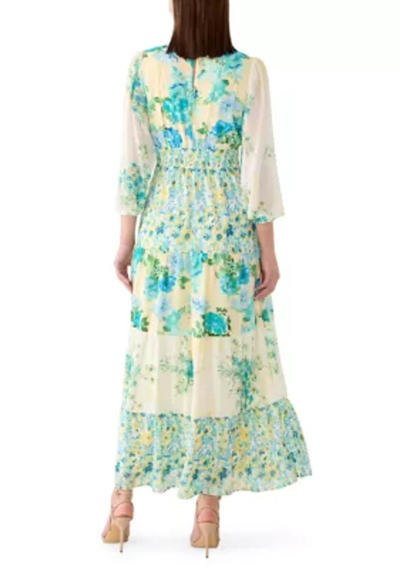 Women's Long Sleeve V-Neck Floral Print Chiffon Dress