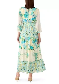 Women's Long Sleeve V-Neck Floral Print Chiffon Dress