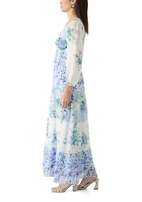 Women's Long Sleeve V-Neck Floral Print Chiffon Dress