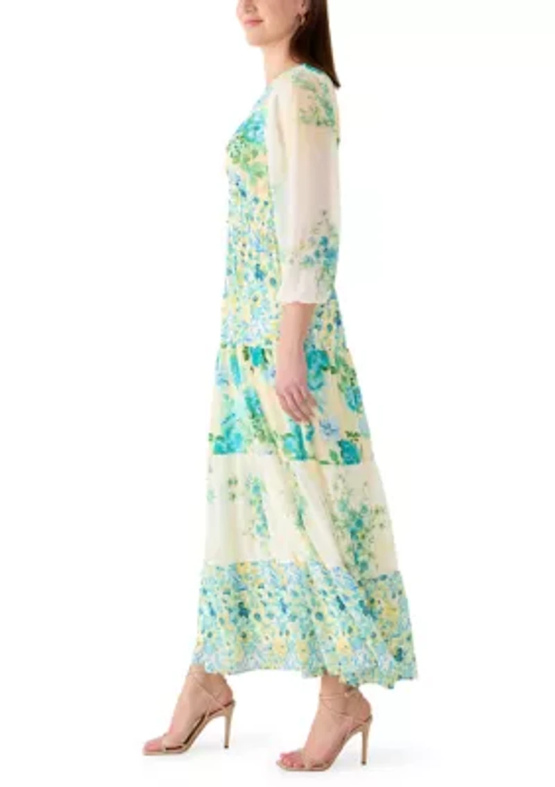 Women's Long Sleeve V-Neck Floral Print Chiffon Dress