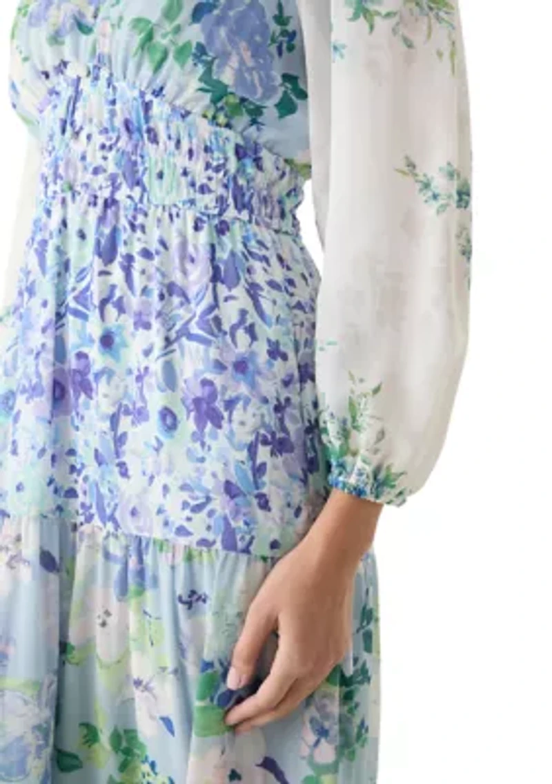 Women's Long Sleeve V-Neck Floral Print Chiffon Dress
