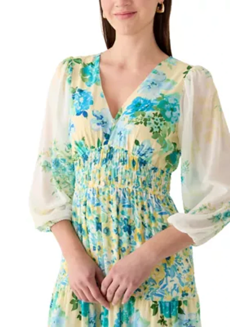 Women's Long Sleeve V-Neck Floral Print Chiffon Dress