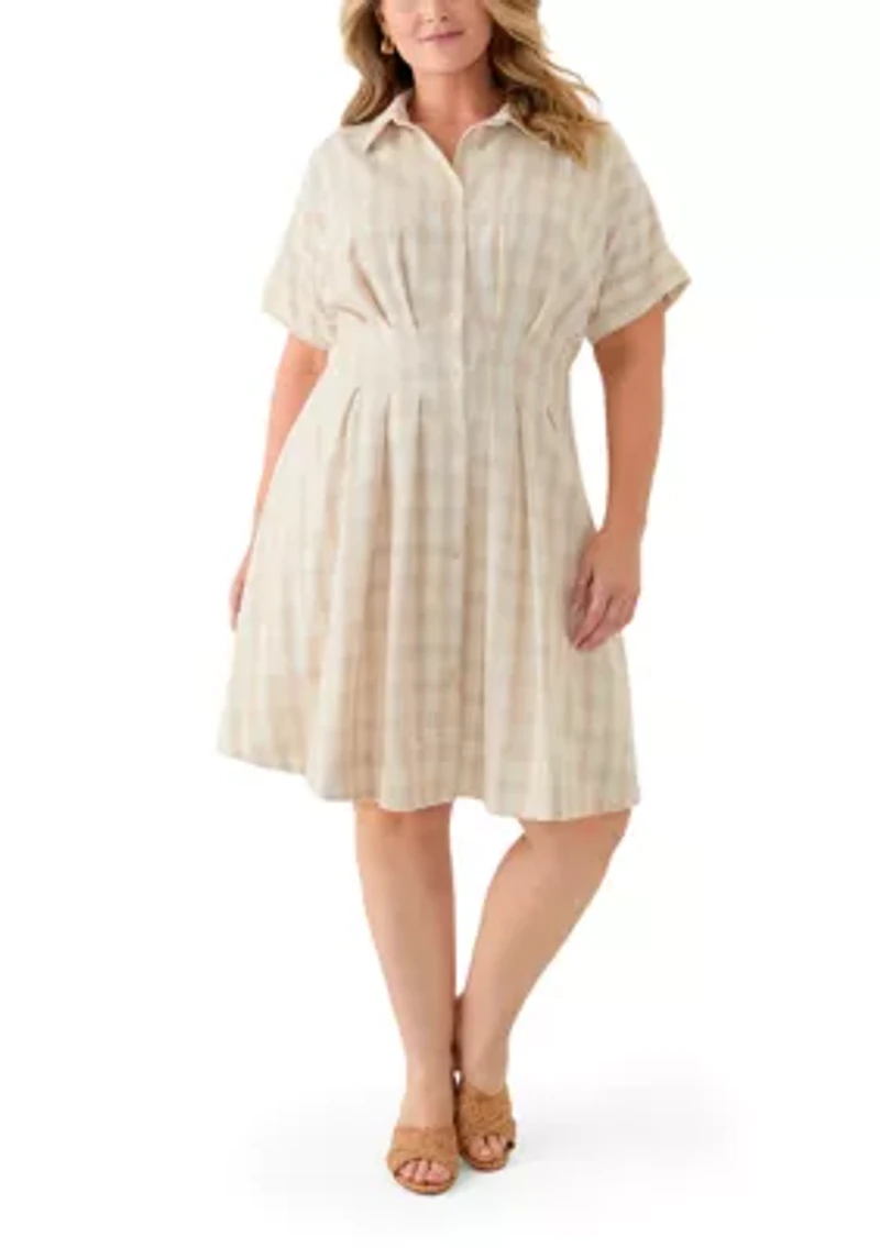 Plus Dolman Sleeve V-Neck Plaid Linen Fit and Flare Dress
