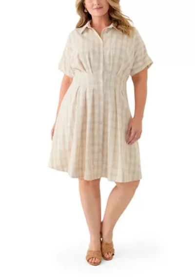 Plus Dolman Sleeve V-Neck Plaid Linen Fit and Flare Dress