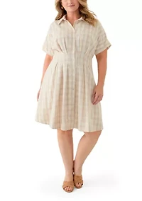 Plus Dolman Sleeve V-Neck Plaid Linen Fit and Flare Dress