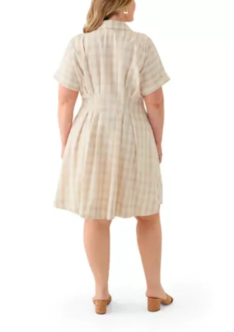 Plus Dolman Sleeve V-Neck Plaid Linen Fit and Flare Dress