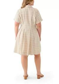 Plus Dolman Sleeve V-Neck Plaid Linen Fit and Flare Dress
