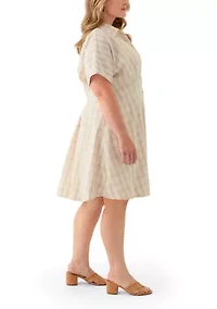 Plus Dolman Sleeve V-Neck Plaid Linen Fit and Flare Dress