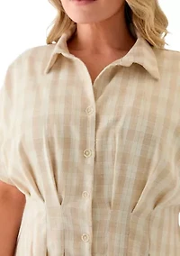 Plus Dolman Sleeve V-Neck Plaid Linen Fit and Flare Dress