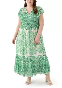 Plus Printed V-Neck Chiffon Maxi Dress
