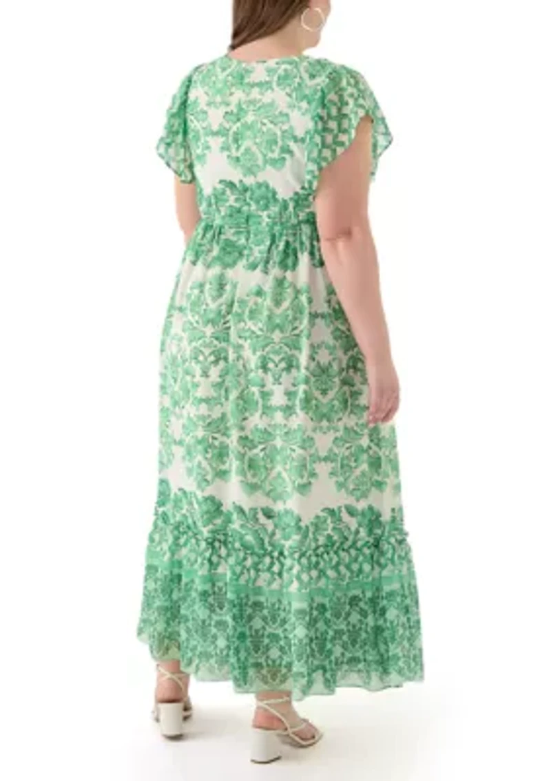 Plus Printed V-Neck Chiffon Maxi Dress