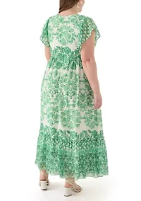 Plus Printed V-Neck Chiffon Maxi Dress