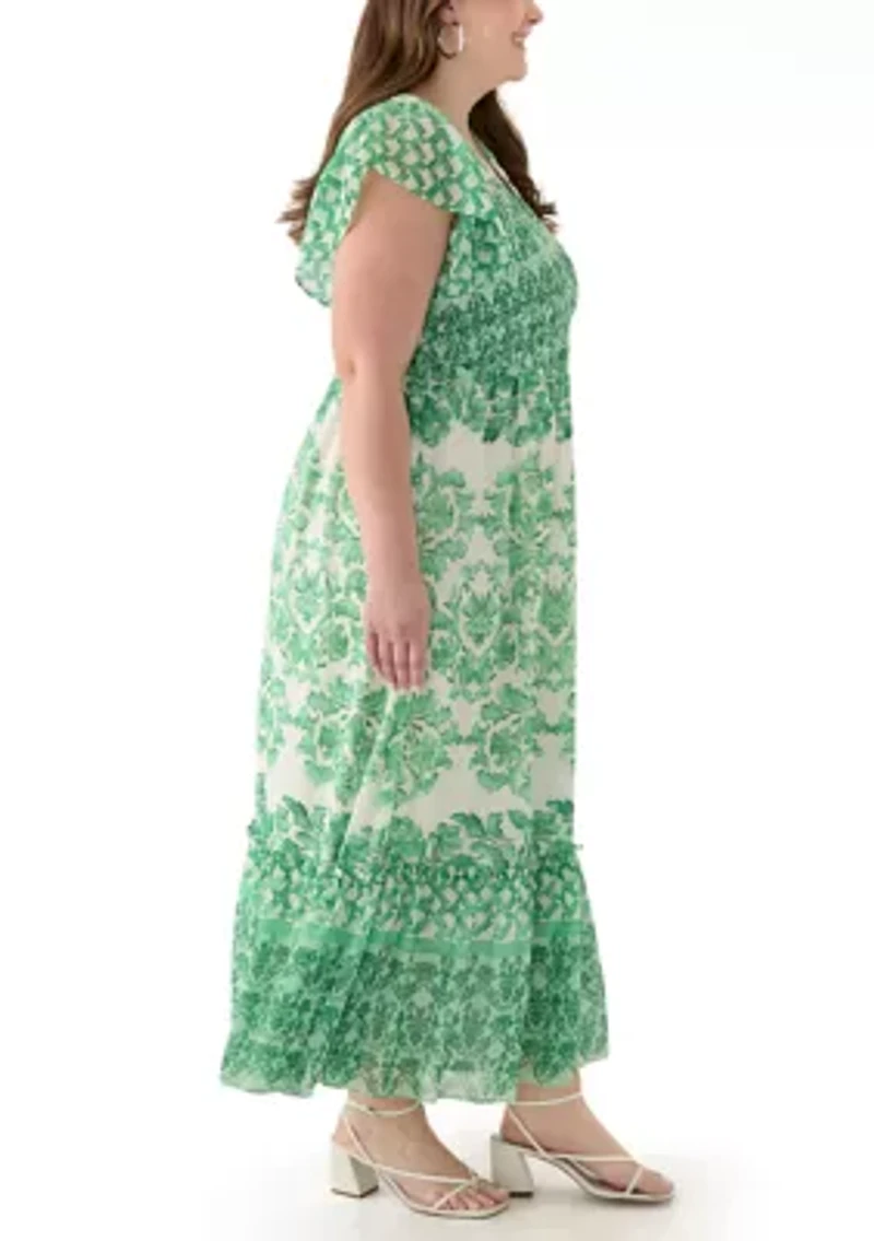 Plus Printed V-Neck Chiffon Maxi Dress