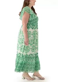 Plus Printed V-Neck Chiffon Maxi Dress
